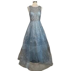 Betsy & Adam Sheer Sequined Backless Ball Gown Blue Size 4 Long Formal Dress